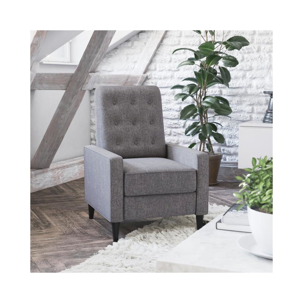 Ezra Mid-Century Modern Fabric Upholstered Button Tufted Pushback Recliner in Gray for Residential & Commercial Use. Picture 2