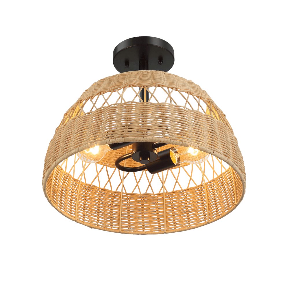 2-Light Rattan Semi-Flush Mount | Black Metal & Woven Farmhouse Ceiling Light. Picture 4