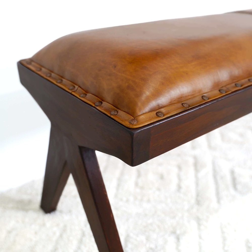 Chad Mid Century Modern Tan Leather Bench. Picture 4