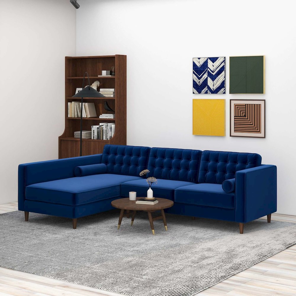 Christian  Blue Velvet Sectional Sofa Left Facing. Picture 2