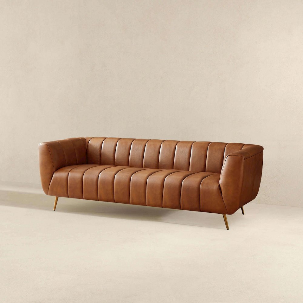 Ava Genuine Italian Cognac Leather Channel Tufted Sofa. Picture 7