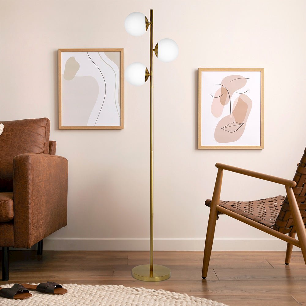 Brilliance Modern Gold Brush Floor Lamp, Opal Glass Shades and Round Metal Base. Picture 3