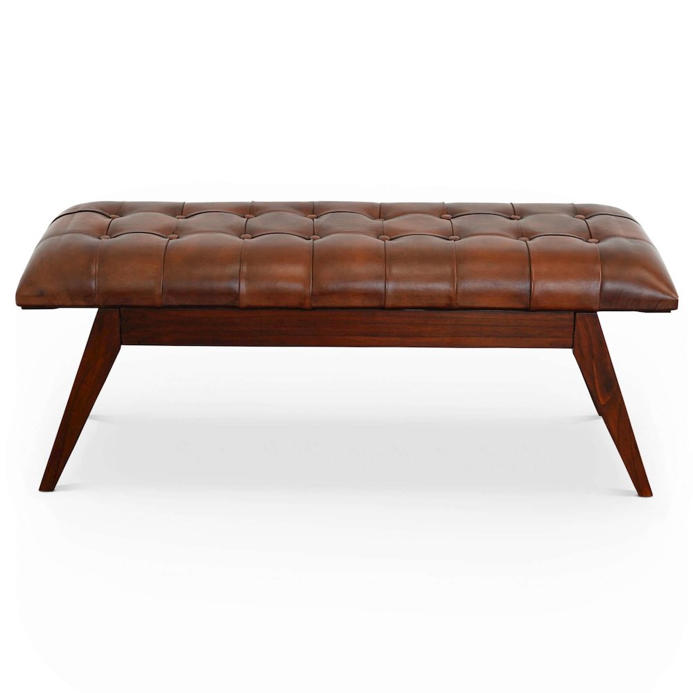 Maja Mid Century Modern Tan Leather Bench. Picture 1
