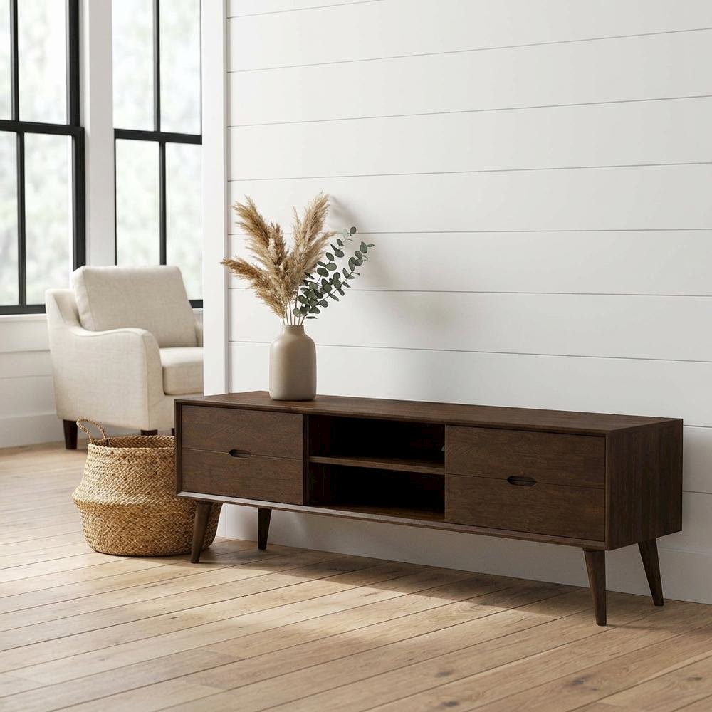Wooden TV Stand in Walnut Finish with Ample Storage Space. Picture 2