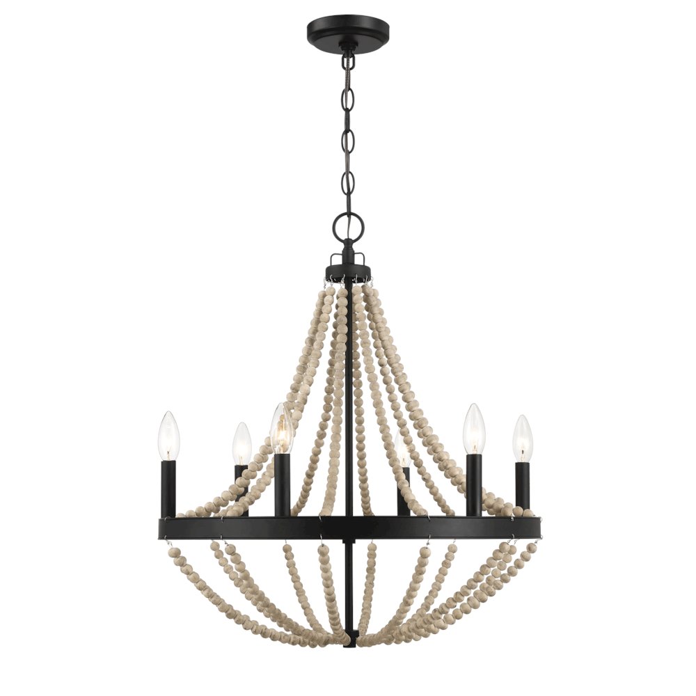 Wood Chandelier Farmhouse Six Candle Light Wood Beaded Black Pendant Light. Picture 3