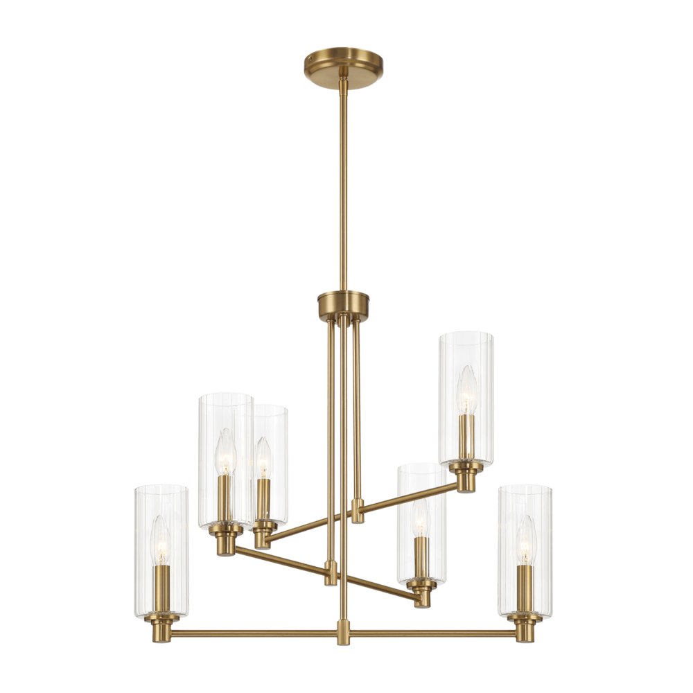 Timeless Six Lights Chandelier With Clear Ribbed Glass - Satin Brass. Picture 2