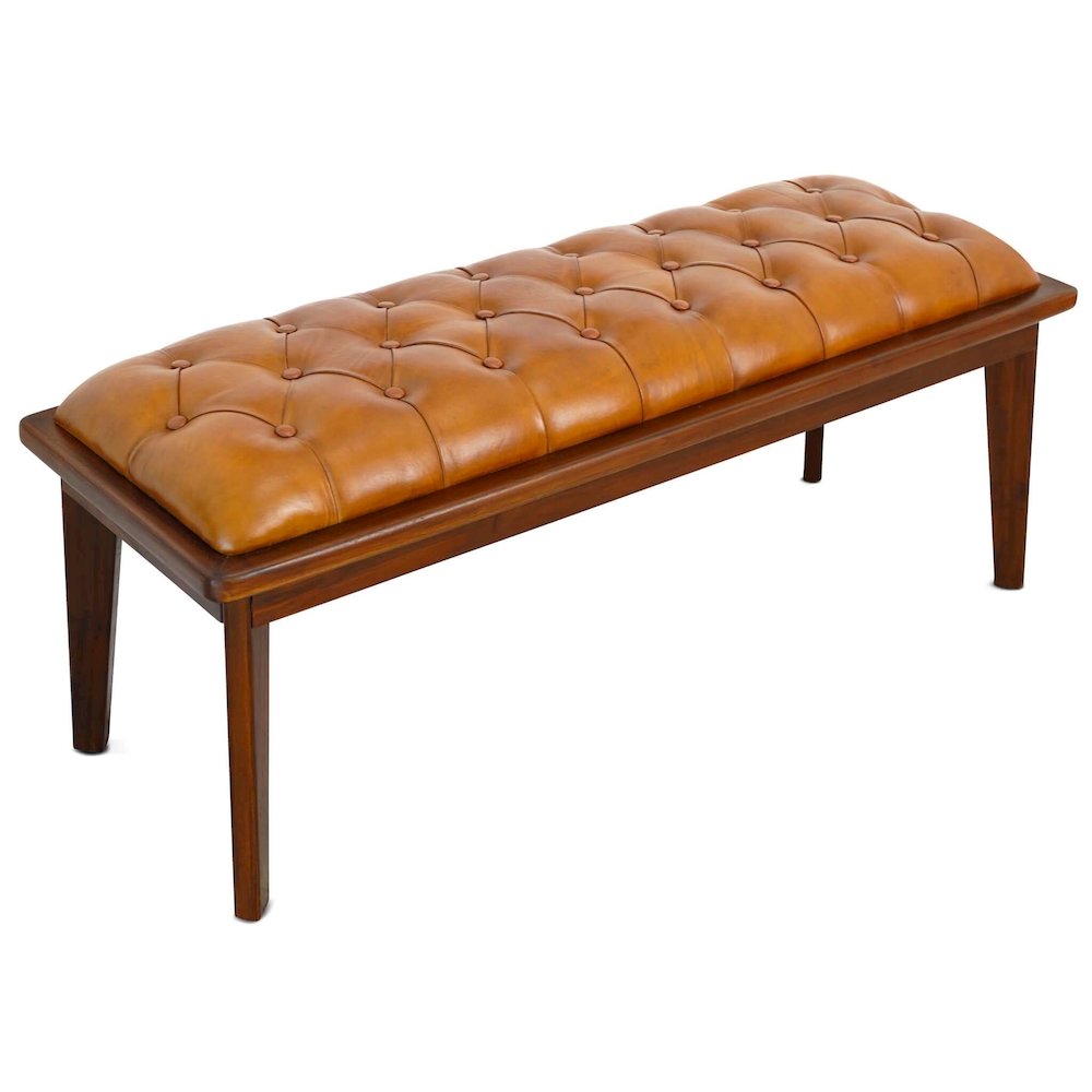 Arden Tan Leather Bench With Buttons. Picture 2