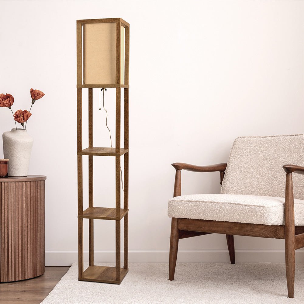 Pinnacle Shelf Floor Lamp For Bedroom/Living Room, Natural Wood with Long Shade. Picture 4