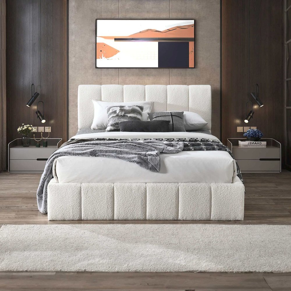 Hilar White Boucle Platform Bed Queen Size. Picture 4