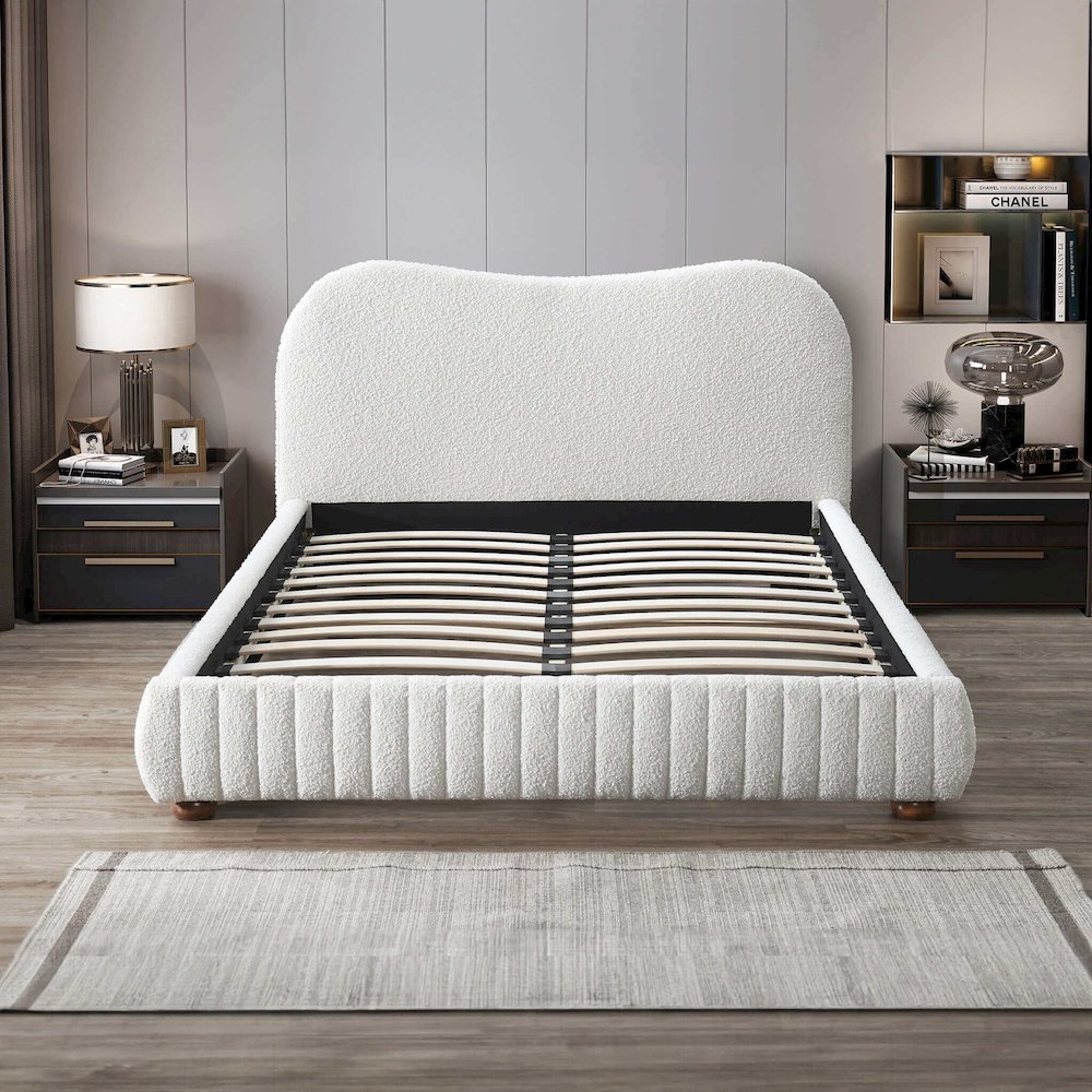 Norme Boucle Upholstered Queen Size Platform Bed In Cream. Picture 3
