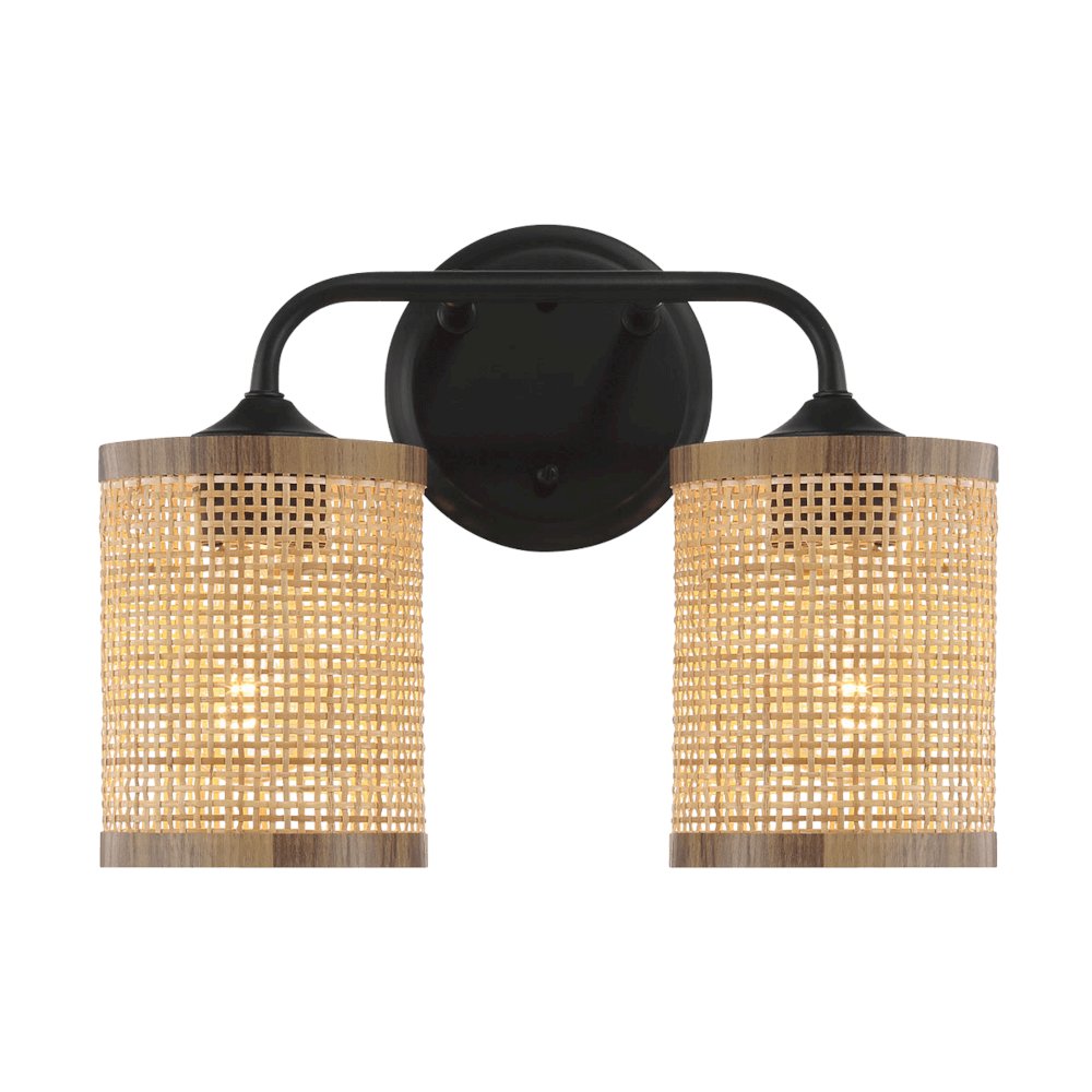 Quell 2-Light Rattan Wall Sconce with Black Metal Finish. Picture 2
