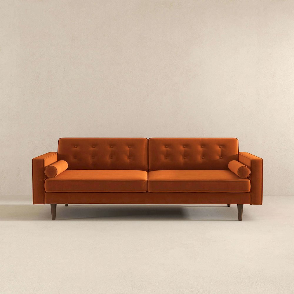 Casey Mid Century Modern Burnt Orange Velvet Sofa. Picture 2