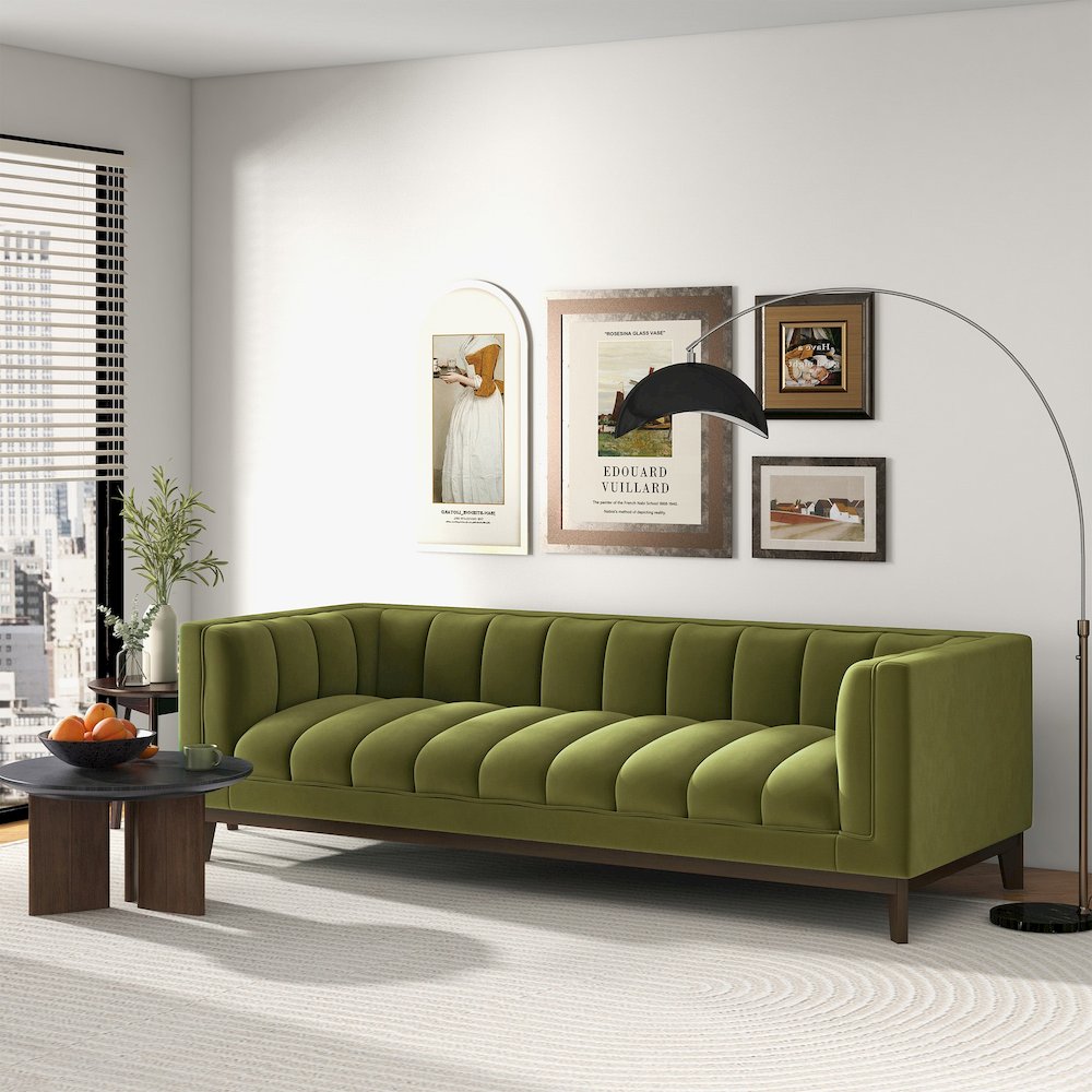 Melissa Mid-Century Green Velvet Modern Sofa. Picture 6