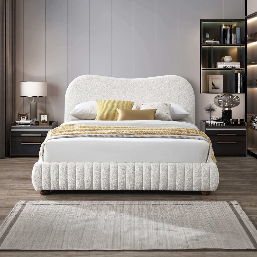 Norme Boucle Upholstered Queen Size Platform Bed In Cream. Picture 5
