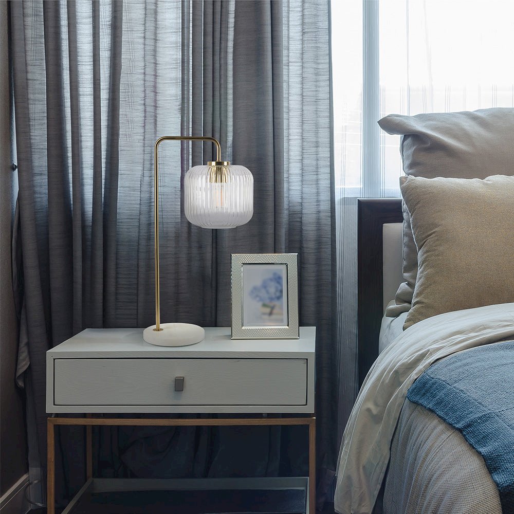 Haven Clear Glass Table Lamp, Gold Brush Metal and Marble Base, Button Control. Picture 4
