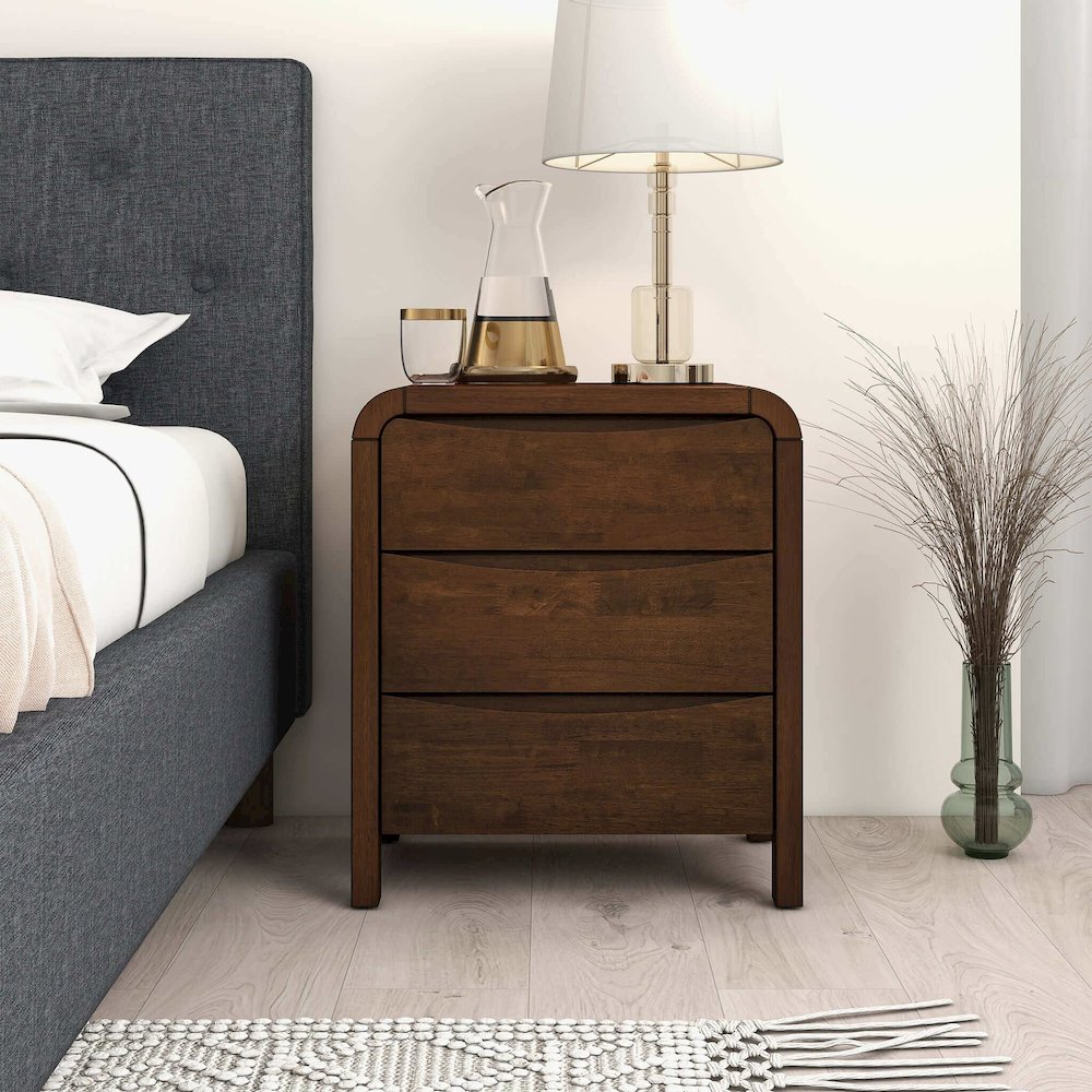 Lionel Mid Century Modern Solid Wood Nightstand 3-Drawer Bed Side Table. Picture 3