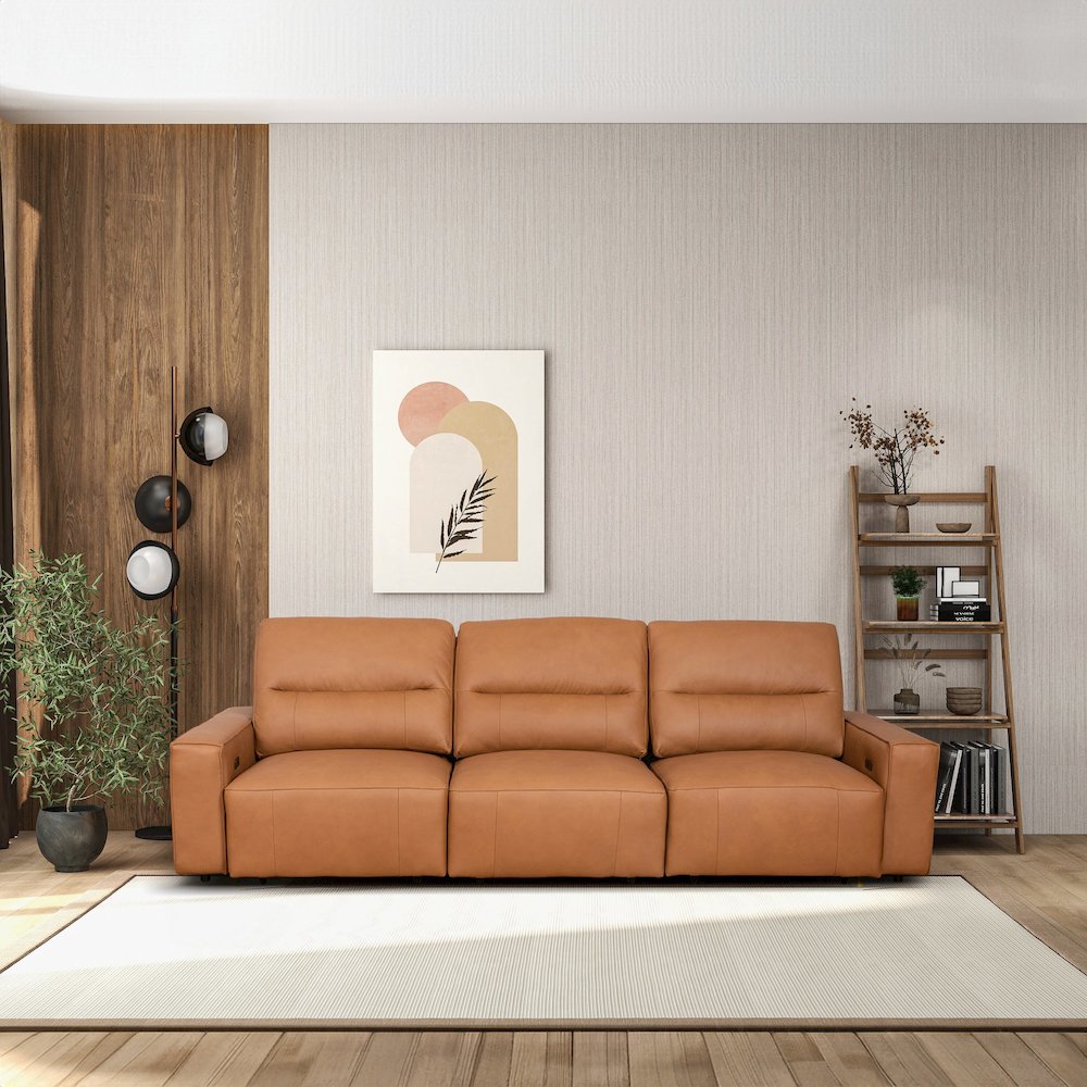 Grant Triple Power Convertible Cognac Leather Sofa. Picture 9