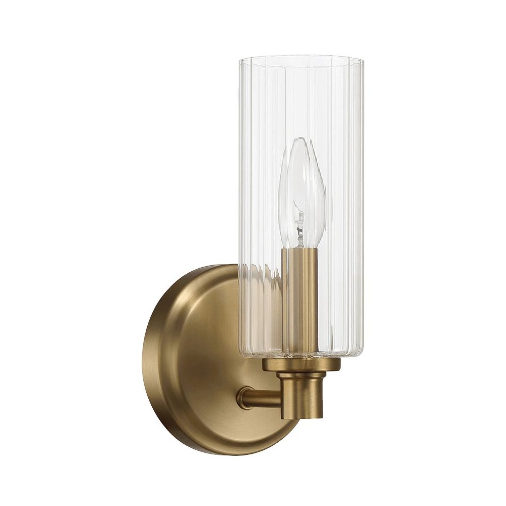 Jardin Single Light Wall Sconce With Clear Ribbed Glass - Satin Brass. Picture 1