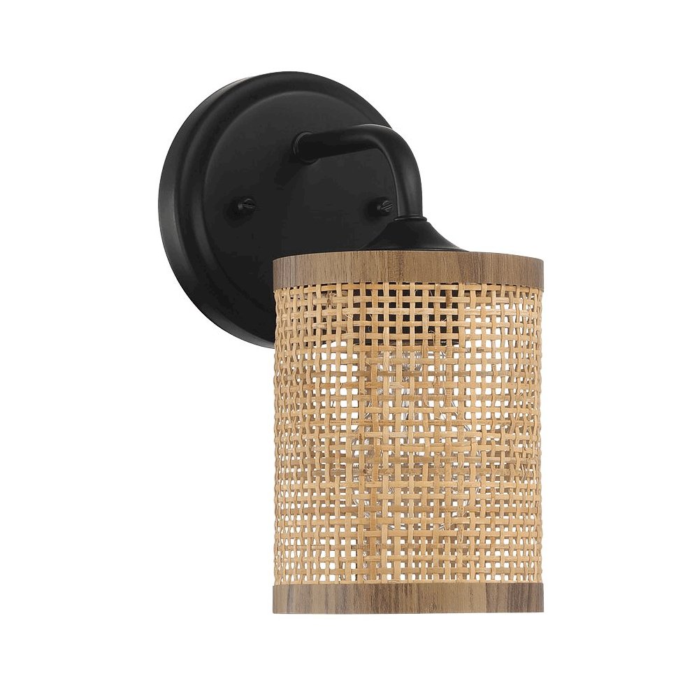 Reef 1-Light Rattan Wall Sconce with Black Metal Finish. Picture 1