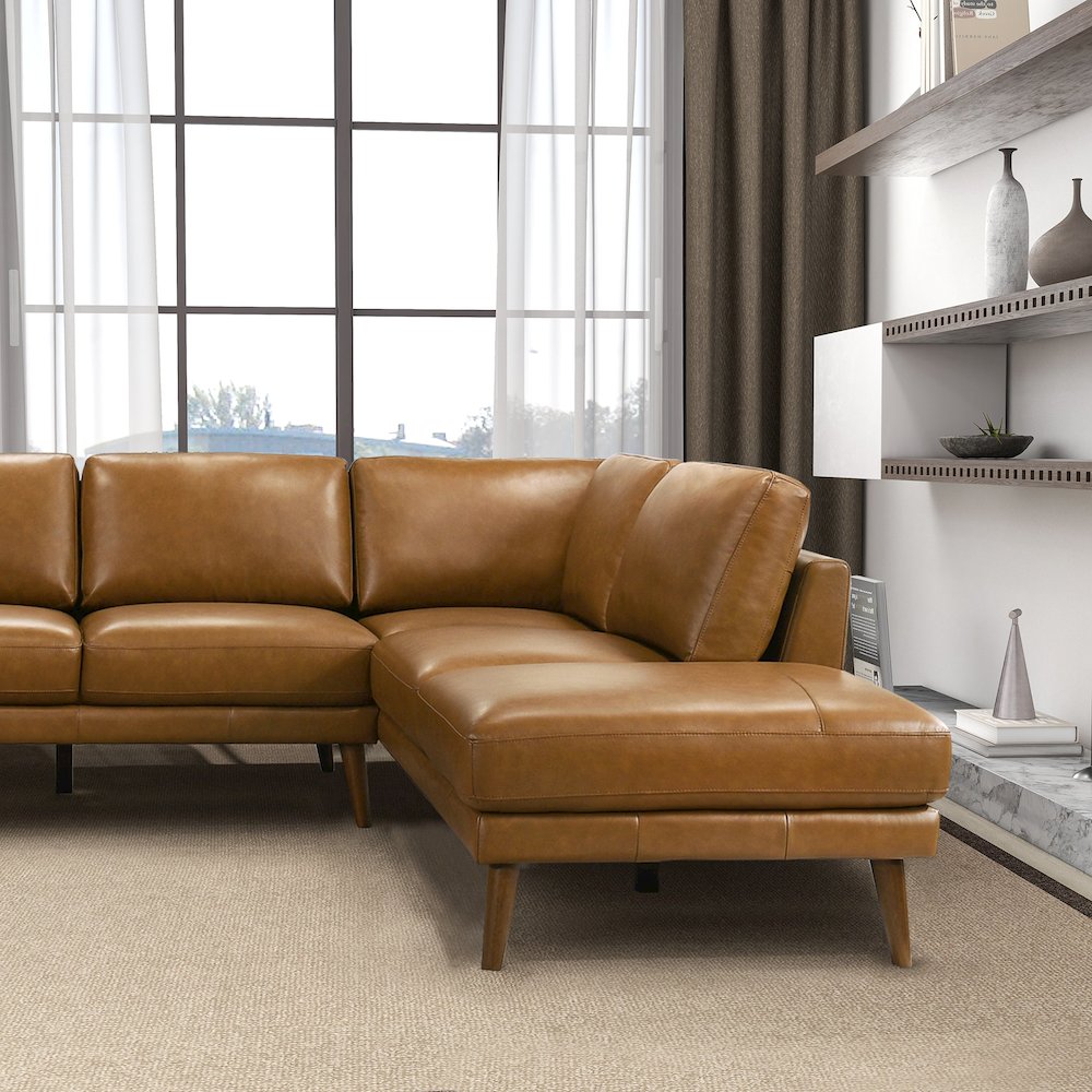 Benson Tan Leather Sectional Sofa Right Facing Chaise. Picture 5