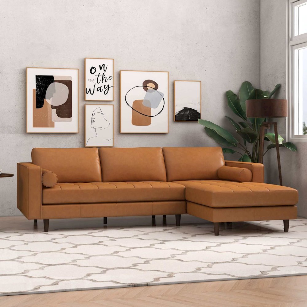 Anthony Genuine Tan Leather Right-Facing Sectional Sofa. Picture 3