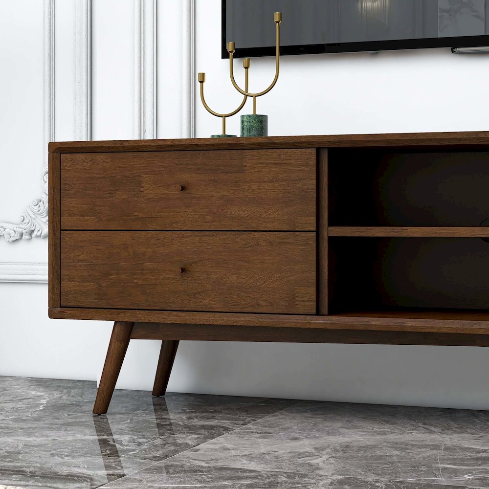 Caroline Mid-Century Modern Style Walnut TV Stand Up To 72". Picture 4