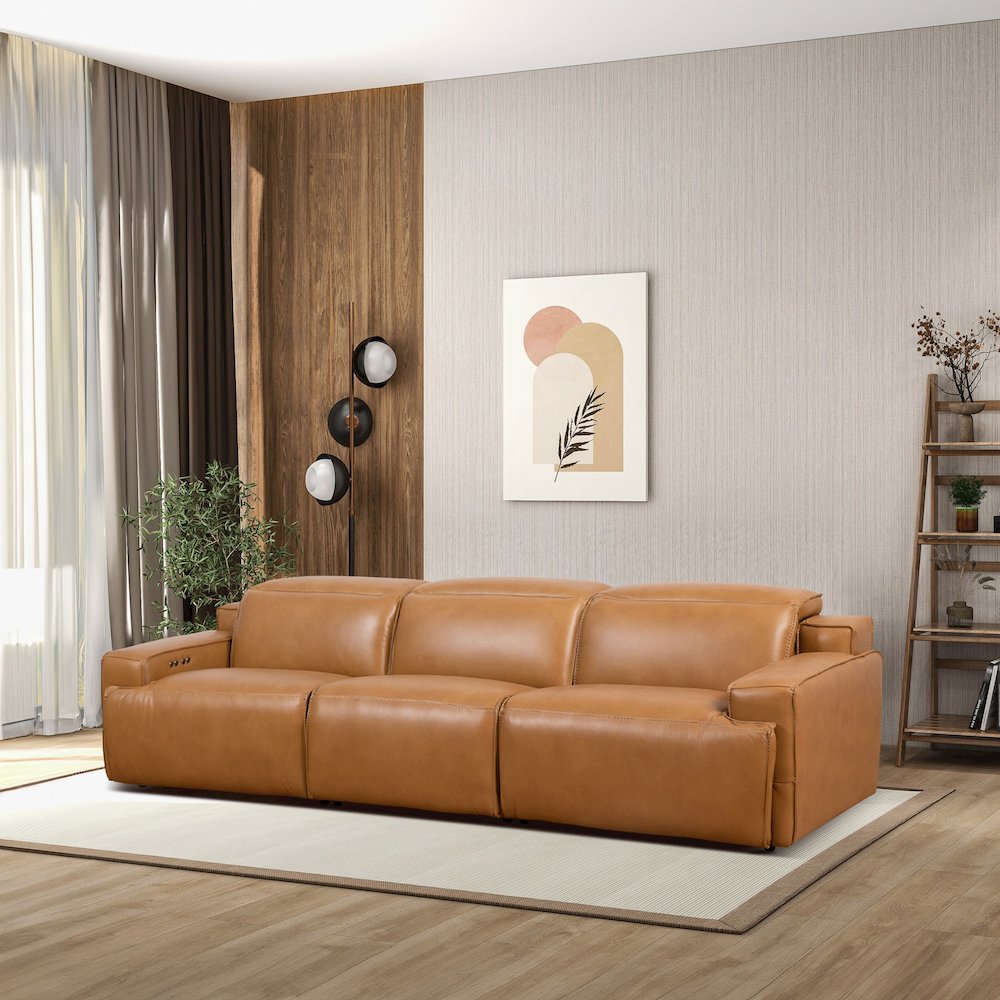 Urbana Triple PWR Tan Leather Recliner Sofa. Picture 9