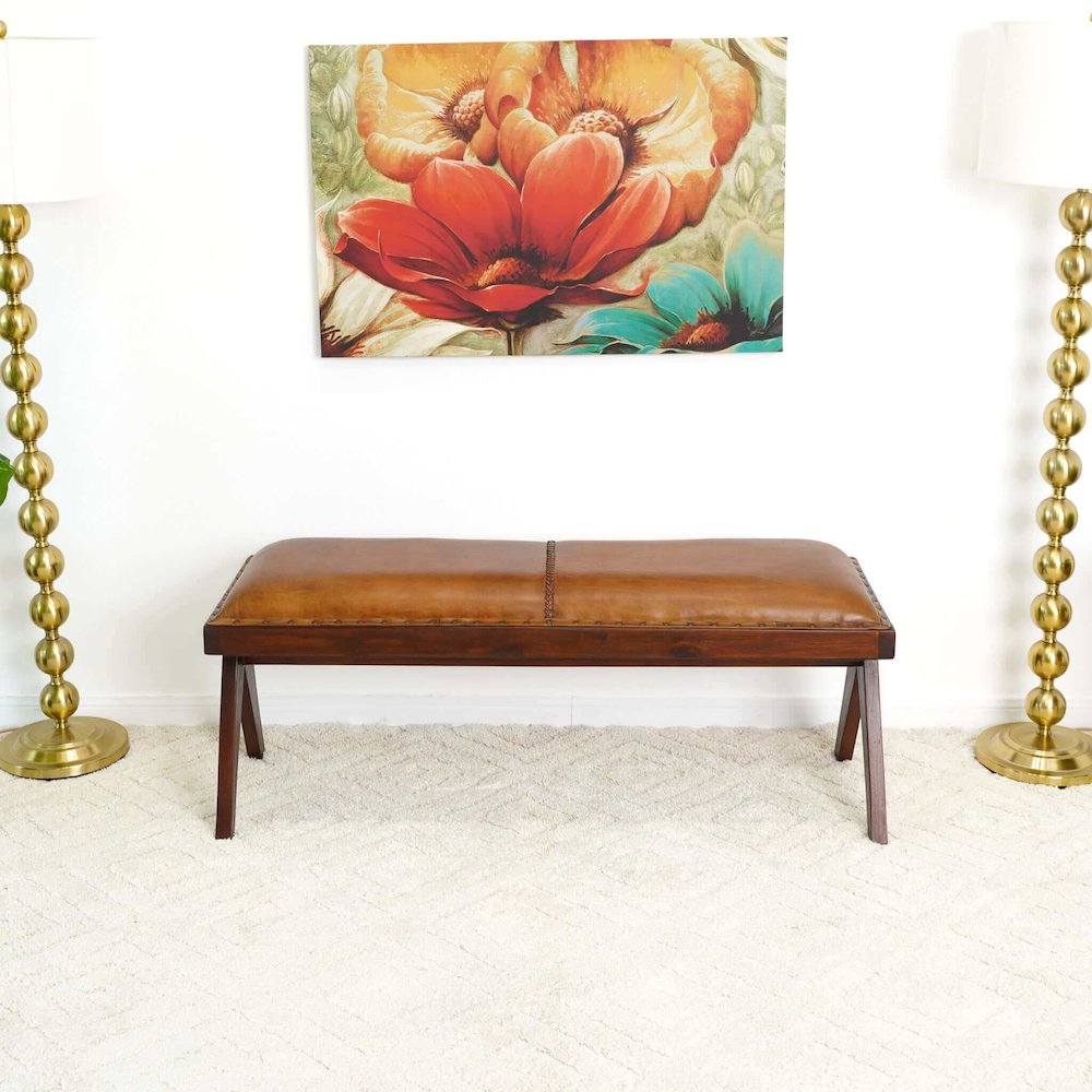 Chad Mid Century Modern Tan Leather Bench. Picture 2