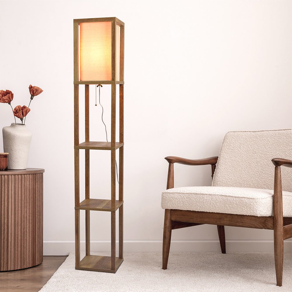 Pinnacle Shelf Floor Lamp For Bedroom/Living Room, Natural Wood with Long Shade. Picture 2