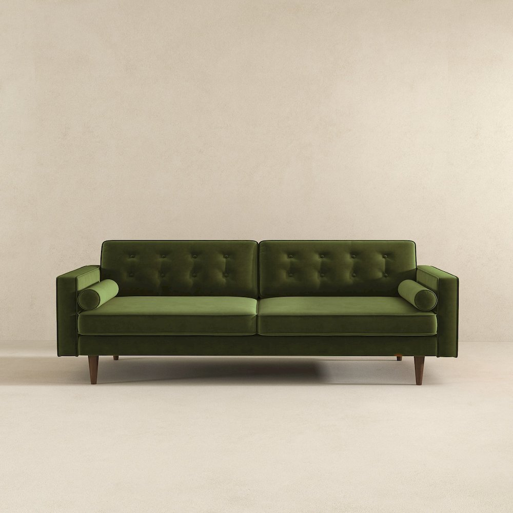 Casey Mid Century Modern Olive Green Velvet Sofa. Picture 2
