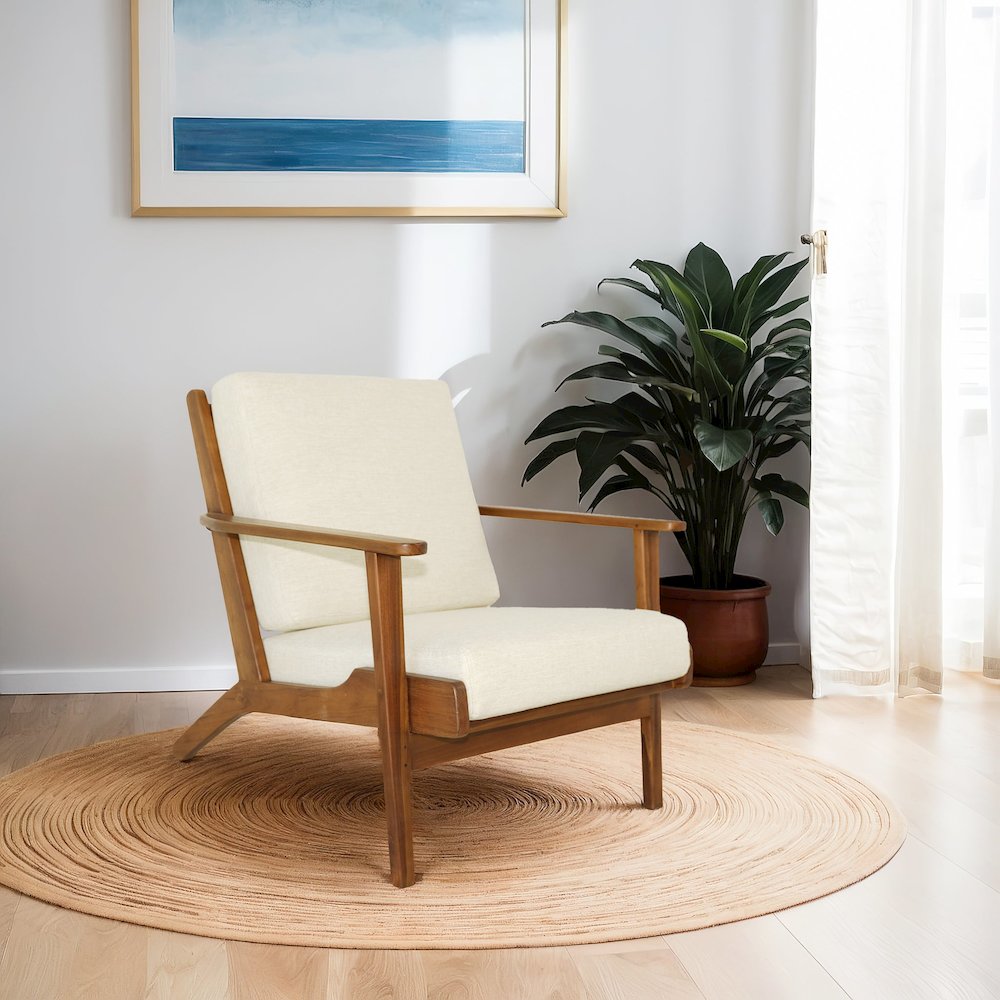 Connor Solid Wood Linen Lounge Chair - Cream. Picture 3