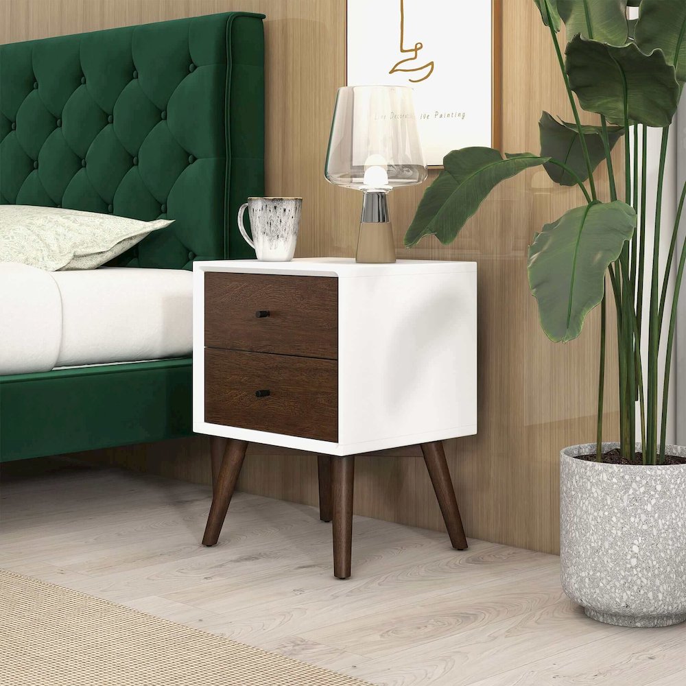 Caroline Mid Century Modern Style White Night Stand 2-Drawer. Picture 4
