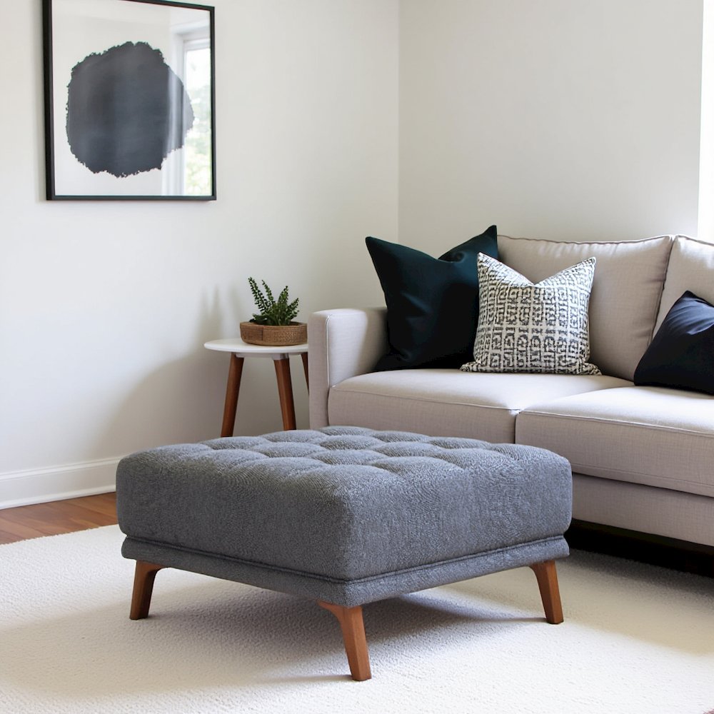 Gray Upholstered Square Ottoman with Foam and Solid Wood, Ideal Foot Rest. Picture 4