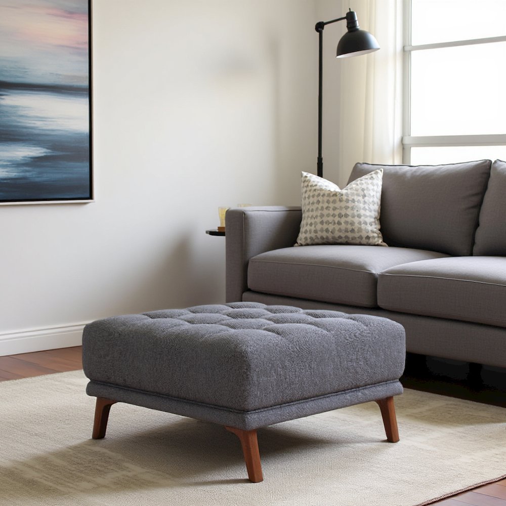 Gray Upholstered Square Ottoman with Foam and Solid Wood, Ideal Foot Rest. Picture 3