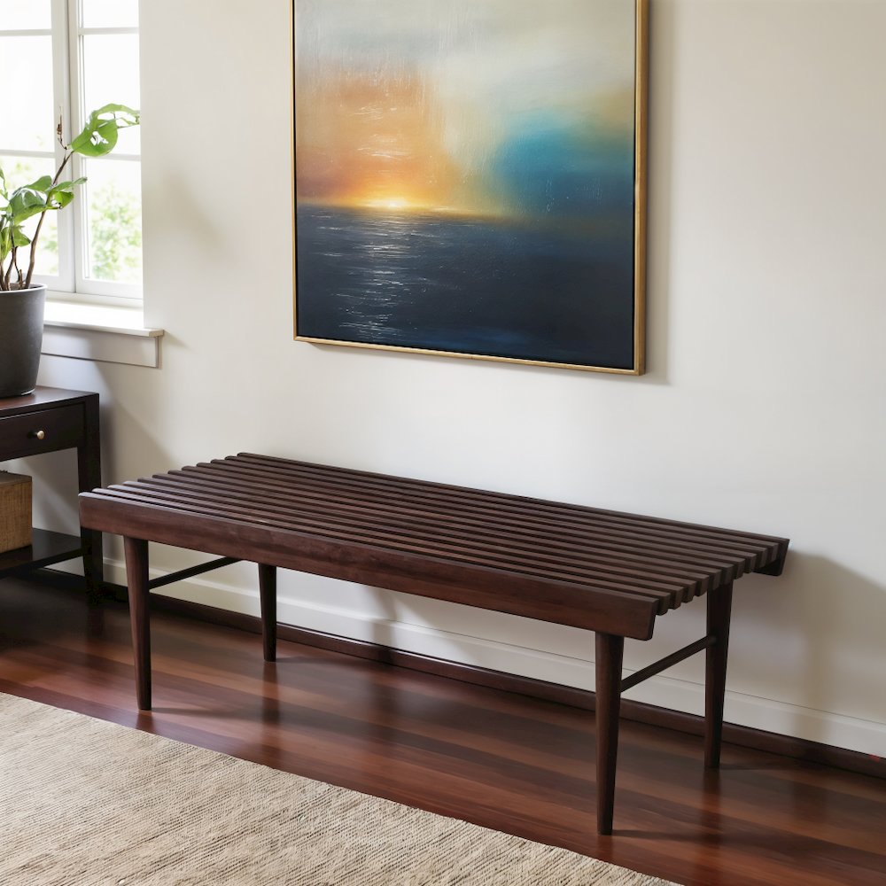 Brown Teak Wood Entryway Bench, Solid Wood Bedroom Bench for Dining Use. Picture 4