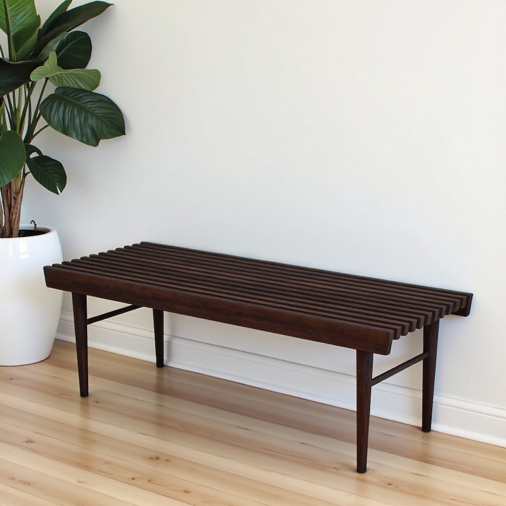 Brown Teak Wood Entryway Bench, Solid Wood Bedroom Bench for Dining Use. Picture 5