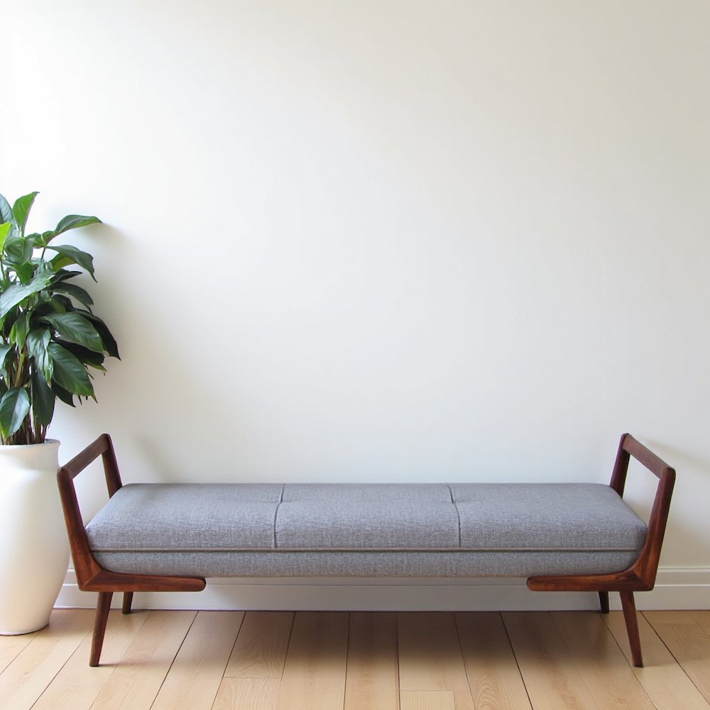Gray Fabric Bench with Solid Wood Frame, Foam Cushions, Modern Entryway Bench. Picture 4