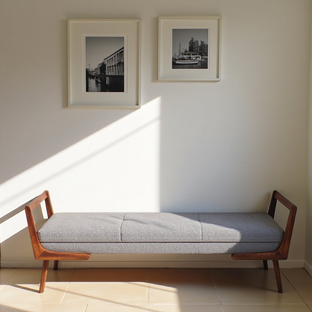 Gray Fabric Bench with Solid Wood Frame, Foam Cushions, Modern Entryway Bench. Picture 5