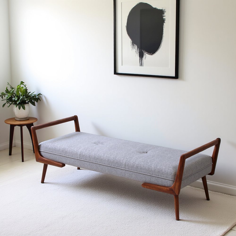 Gray Fabric Bench with Solid Wood Frame, Foam Cushions, Modern Entryway Bench. Picture 3