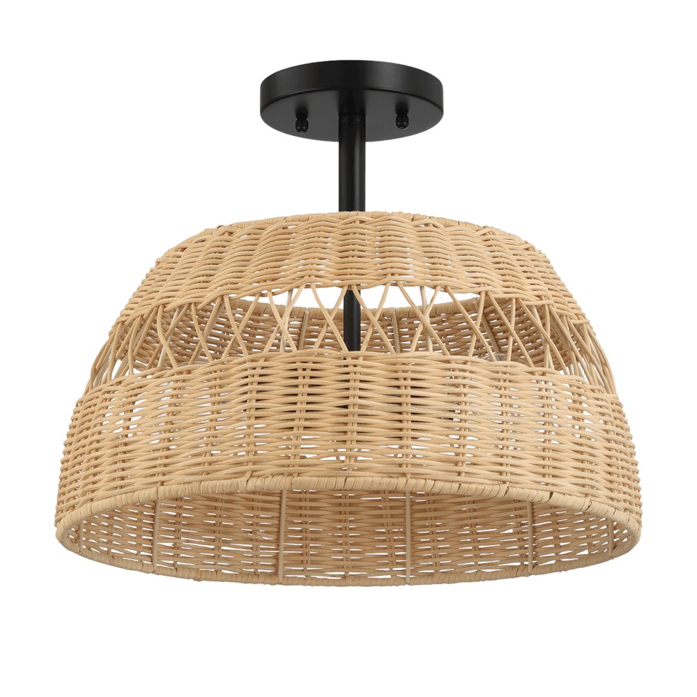 2-Light Rattan Semi-Flush Mount | Black Metal & Woven Farmhouse Ceiling Light. Picture 1