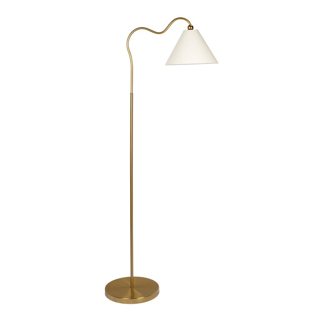 Majestic Brass Ring Base Curved Floor Lamp with Triangle White Drum Shade. Picture 1