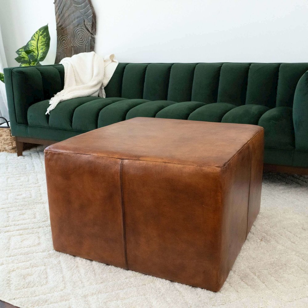 Mallory Mid-Century Square Genuine Leather Upholstered Ottoman in Tan. Picture 2