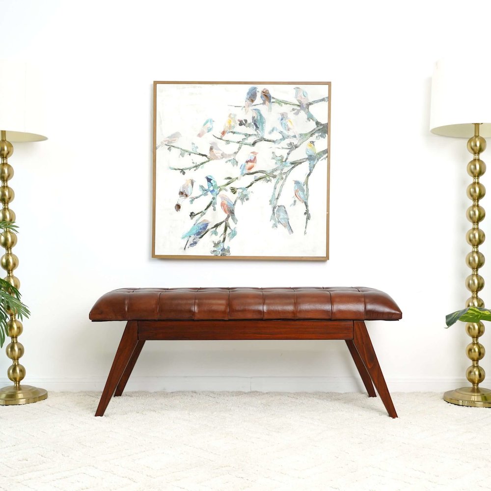 Maja Mid Century Modern Tan Leather Bench. Picture 3