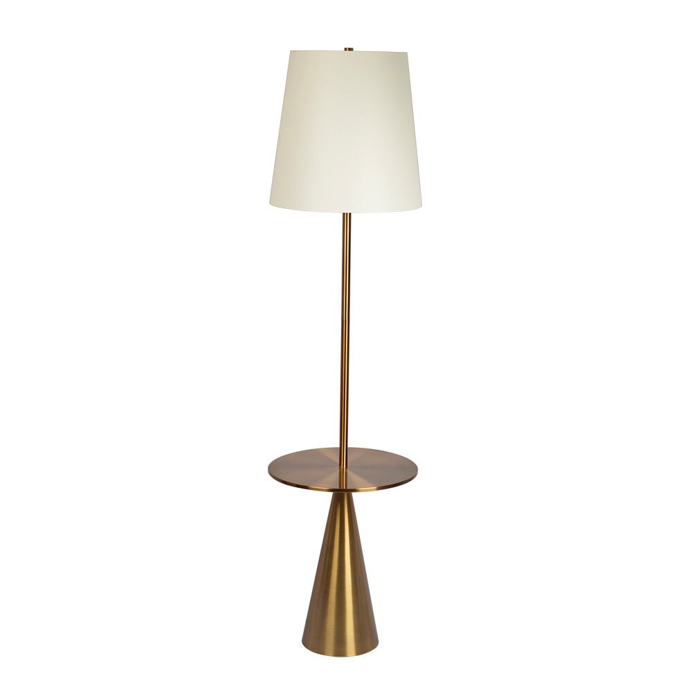Celestial Modern Floor Lamp with Brass Accent Table with Large White Shade. Picture 1