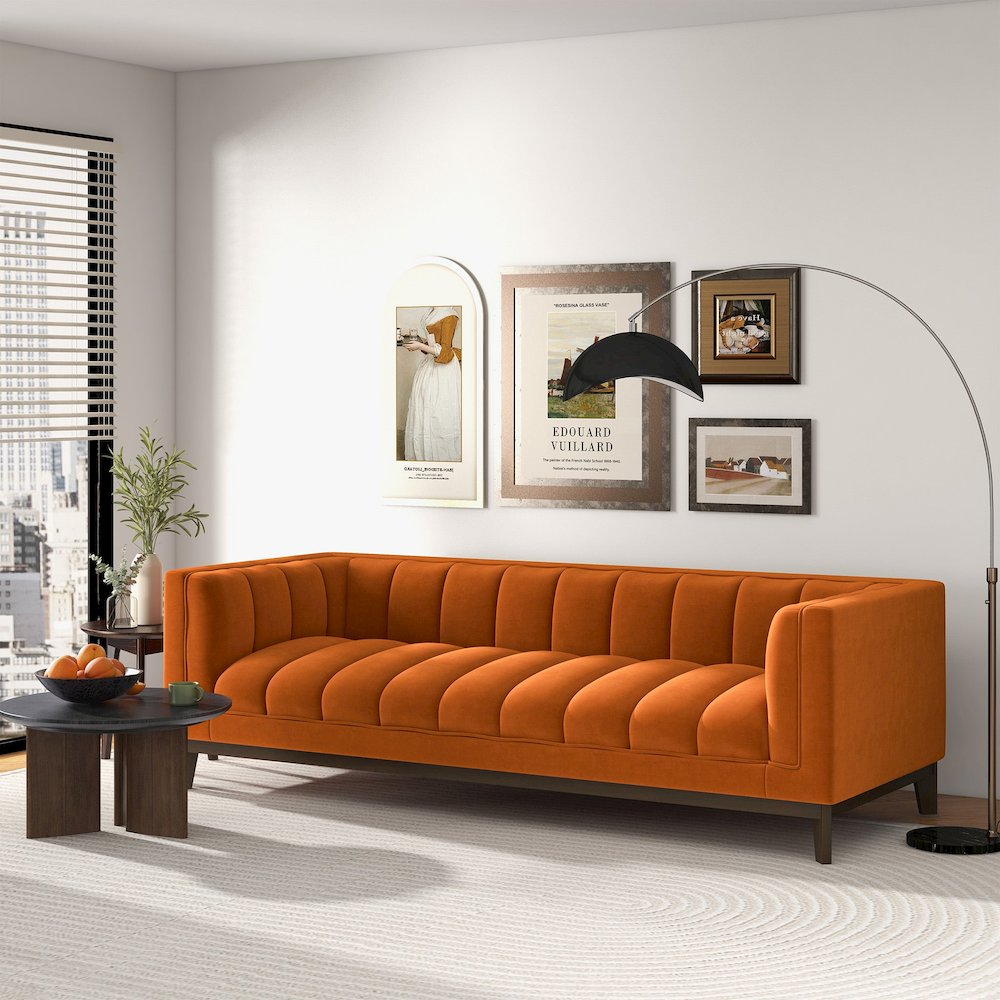 Melissa Mid-Century Orange Velvet Modern Sofa. Picture 3