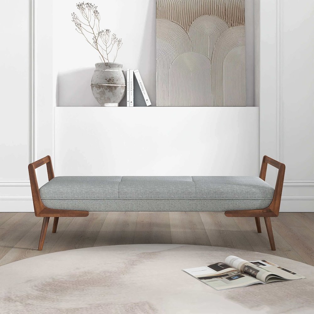 Cora Mid Century Modern Grey Fabric Bench. Picture 3