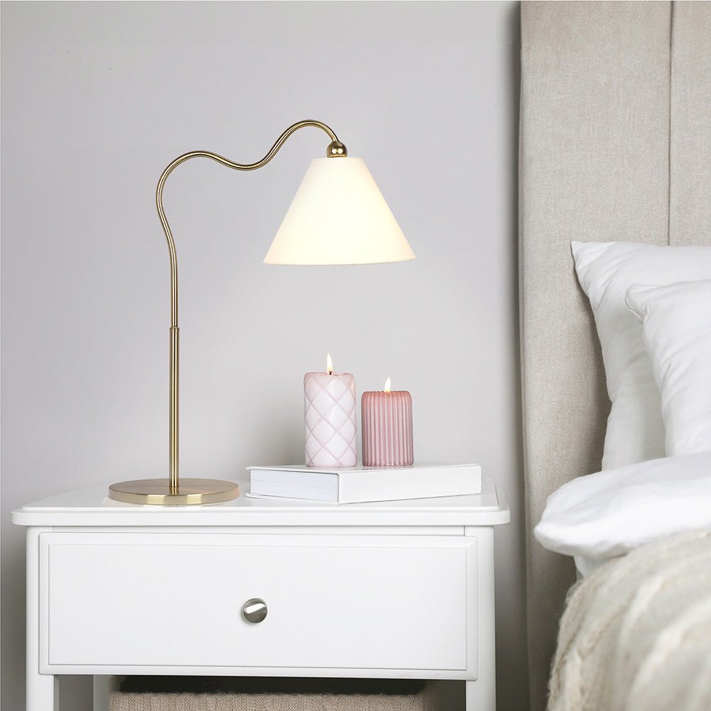 Ornate Brass Ring Base Curved Table Lamp with Triangle White Drum Shade. Picture 4