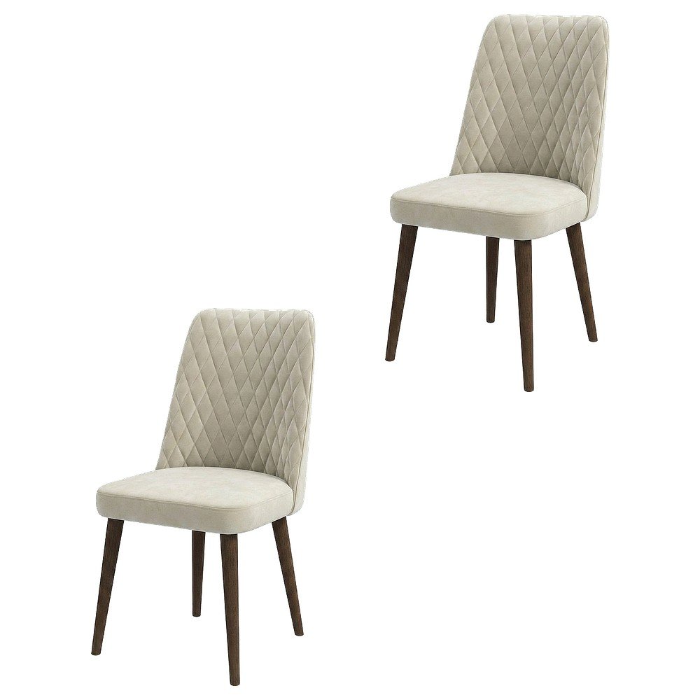 Velvet Mid-Century Modern Dining Chairs with Walnut Legs, Beige, Set of 2. Picture 1
