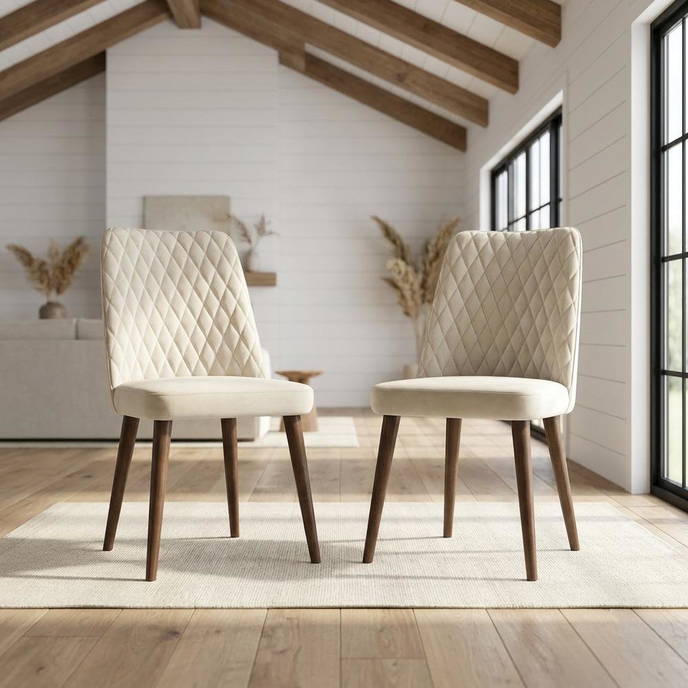 Velvet Mid-Century Modern Dining Chairs with Walnut Legs, Beige, Set of 2. Picture 3