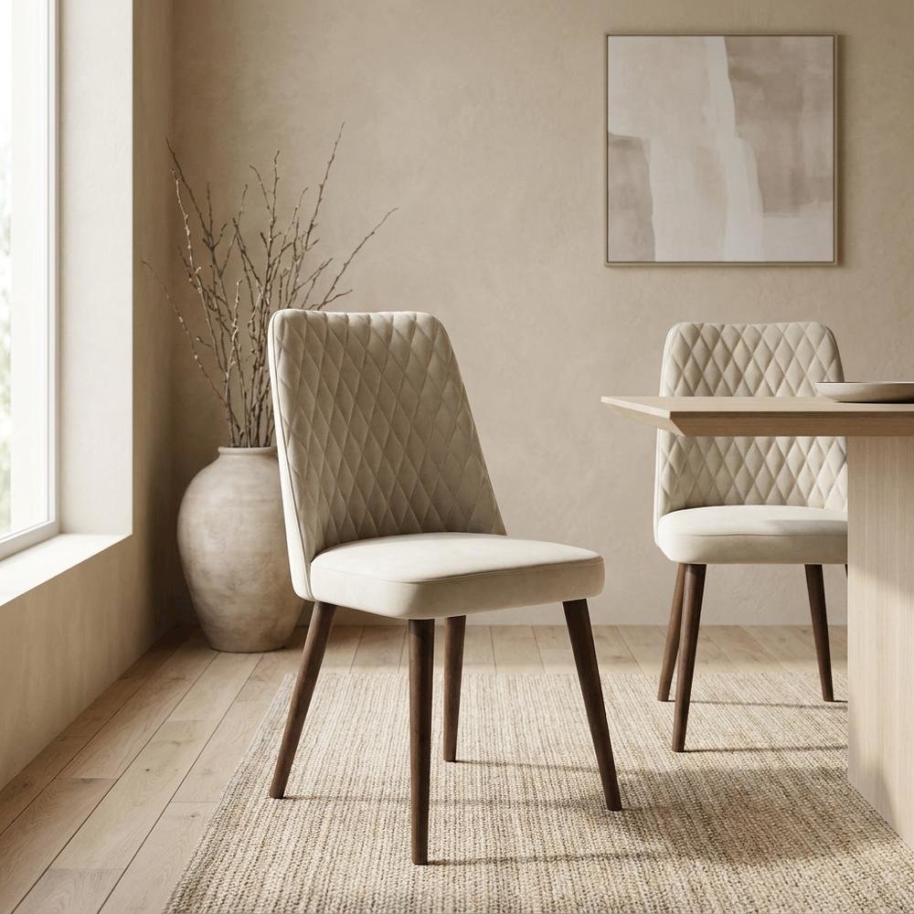 Velvet Mid-Century Modern Dining Chairs with Walnut Legs, Beige, Set of 2. Picture 4
